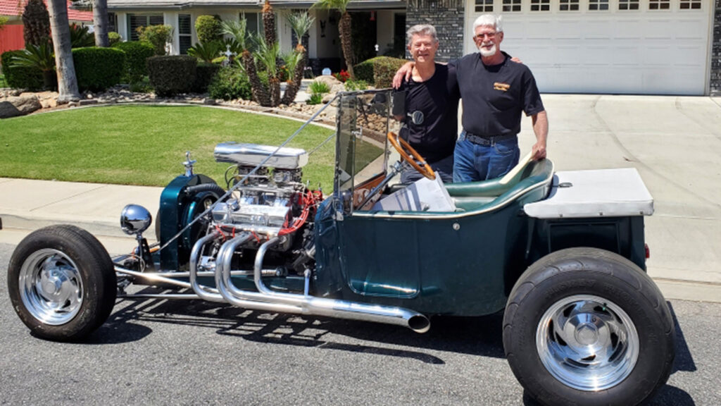 Jerry Koop, right, with the donor of the “Creep-N-Nasty” hot rod sold to support the West Coast Mennonite Relief Sale. —Jerry Koop