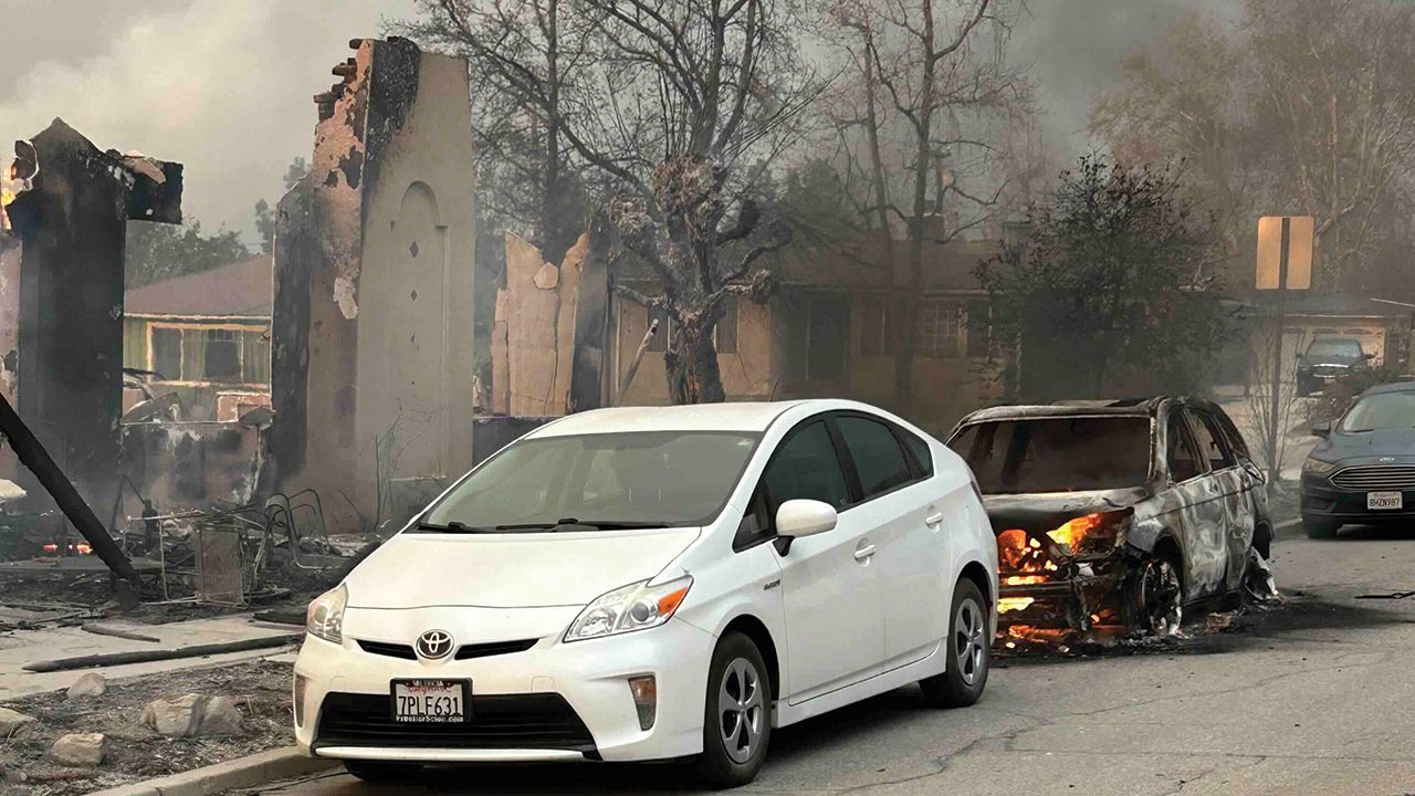 Parts of an exterior wall are all that remain on Jan. 9 of the home of a Mennonite family in the area of Pasadena and Altadena north of Los Angeles. — Stanley Green/Pacific Southwest Mennonite Conference