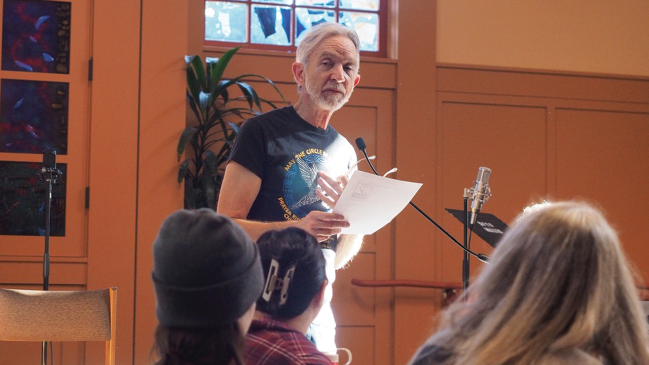 Jim Lichti speaks during the forum on war tax resistance at First Mennonite Church of San Francisco. — Courtesy of Joanna Shenk