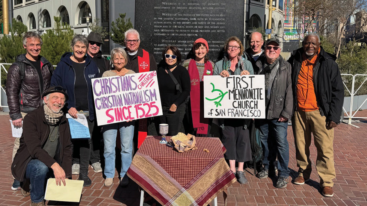 Members of First Mennonite Church of San Francisco participate in public communion ser­vice, remembering the witness of the early Anabaptists. — Kathryn Bache