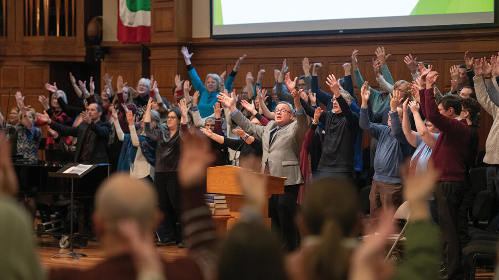 A choir of community members from congregations around south central Kansas and Hesston College’s Bel Canto Singers joined with an audience ready to sing for the “Anabaptism at 500 Hymn Festival” at Hesston College on Jan. 19. — Hesston College