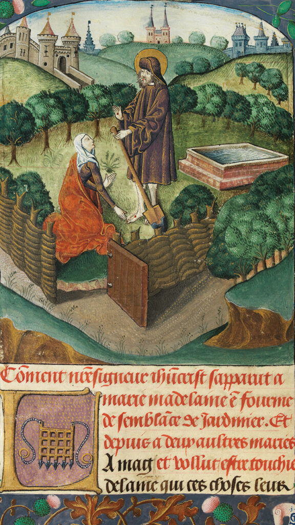 MISTAKEN IDENTITY: Jesus appears to Mary Magdalene as a gardener in an illustration from the Peniarth Manuscript (c. 1503-04), held in the National Library of Wales. — Wikimedia Commons