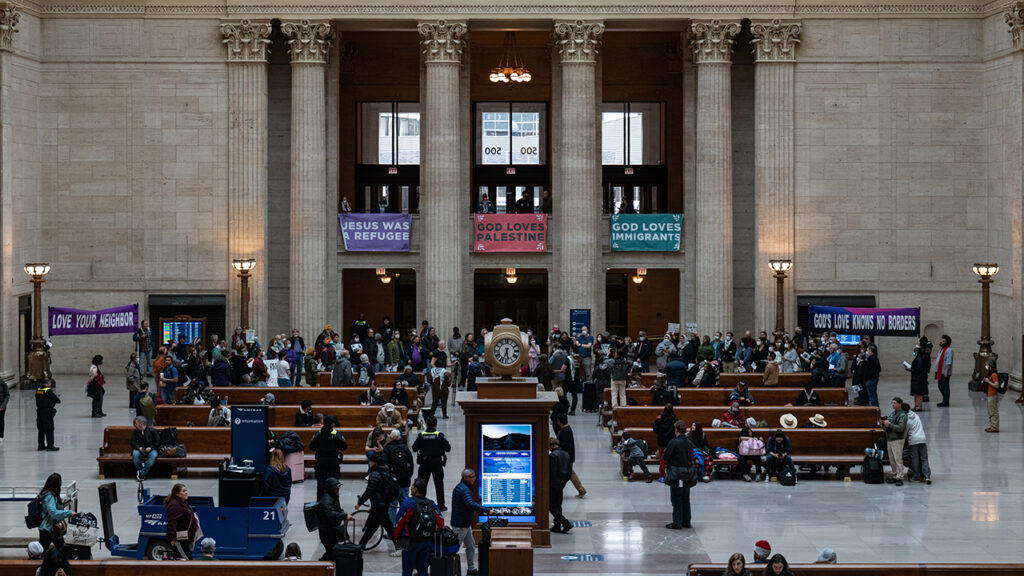 Mennonite Action Chicago takes part in a public worship service in Union Station. — Paul Goyette