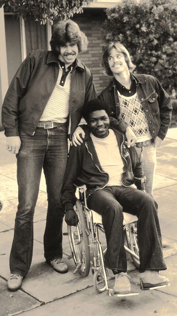 After the car accident in 1976, Fresno Pacific College friends Randy Pfost, left, and Doug Hardin became Pakisa K. Tshimika’s caregivers. — Courtesy of Pakisa K. Tshimika