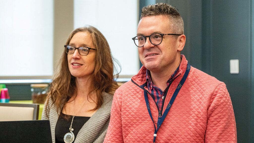 AMBS faculty members Janna Hunter-Bowman, left, and Drew Strait planned the conference with Notre Dame faculty Margie Pfeil and David Clairmont. — Peter Ringenberg Photography