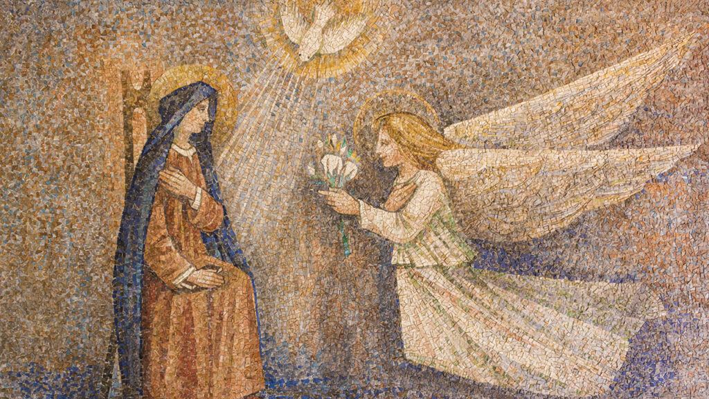 DON’T BE AFRAID — The angel’s words to Mary echo God’s assurance to mortals throughout scripture. “The Annunciation” mosaic, Caravaggio, Italy. — Macthia/Shutterstock