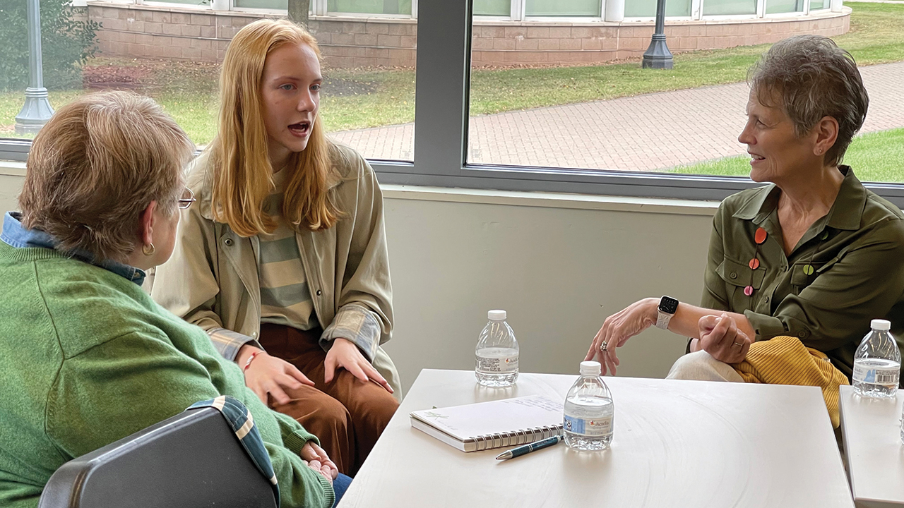 Frederick Living resident Arline Christ, Ursinus College student Amelia Reaume and Garden Spot Communities chief mission advancement officer Wendy Nagle take part in a Wisdom Course at the Ursinus campus in Collegeville, Pa. — Garden Spot Communities