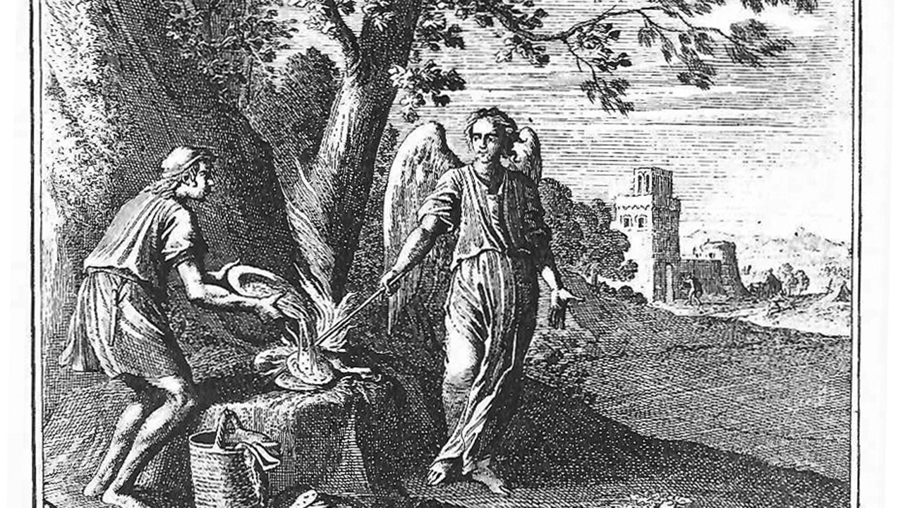 God’s messenger summons fire from the rock, consuming Gideon’s offering (Judges 6:21). — Jan Luyken/AW file