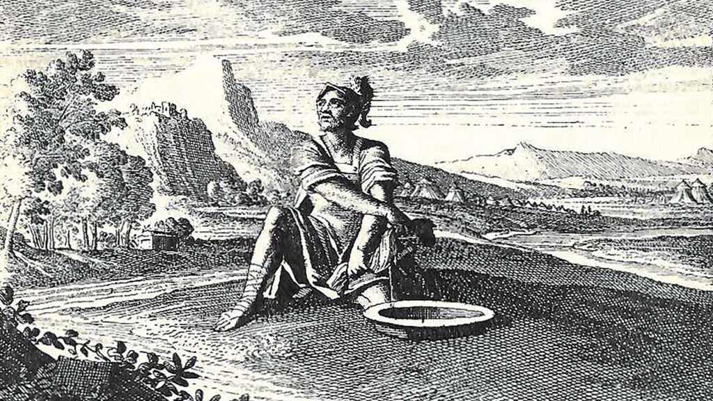 GIVE ME A SIGN — Gideon wrings dew from the fleece into a bowl (Judges 6:38), as depicted by Jan Luyken. The Martyrs Mirror artist designed 3,275 copper plates for hundreds of books. This scene is from The History and Figures of Scripture (1712). — Anabaptist World files