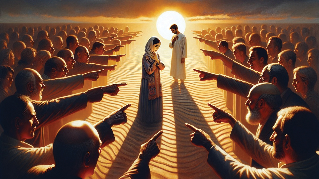 The scribes and Pharisees brought a woman who had been caught in adultery and made her stand before all of them (John 8:3). — Shutterstock AI Generator