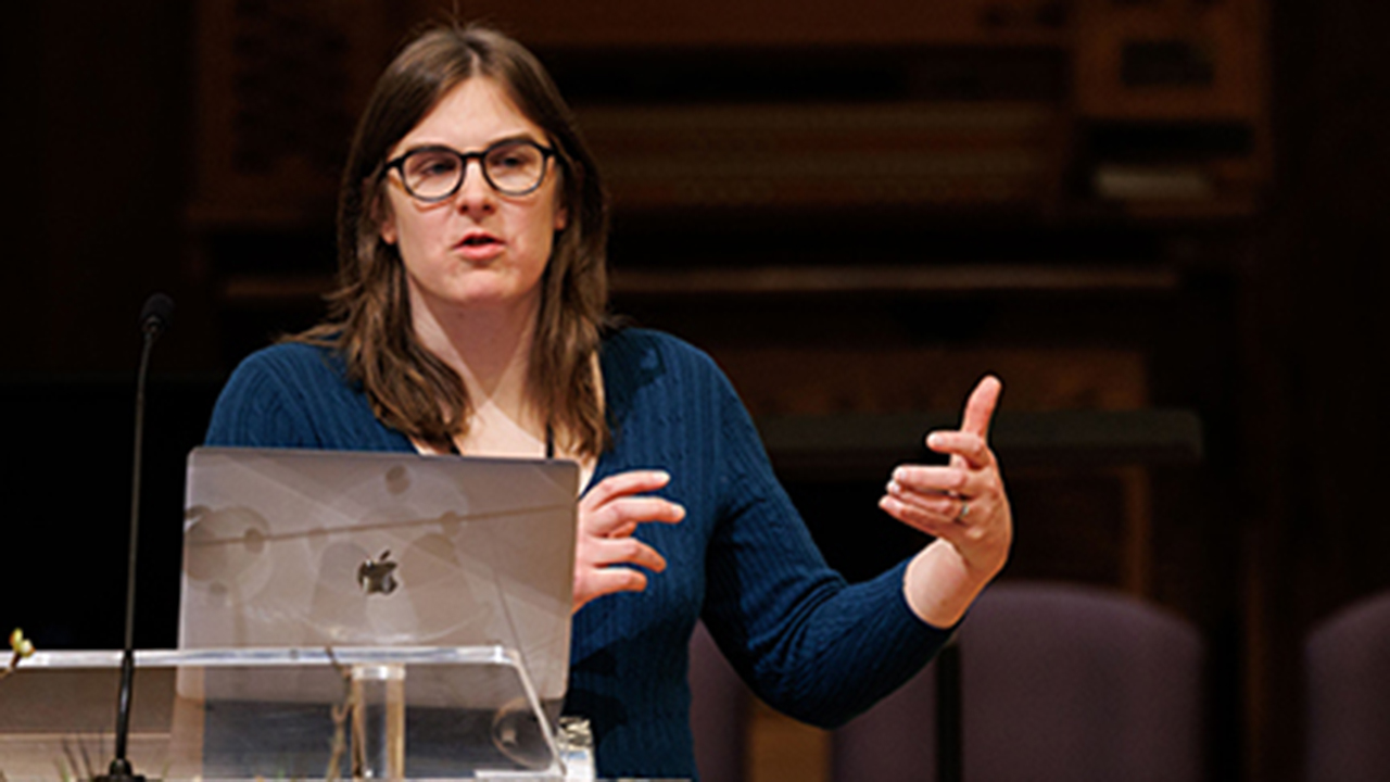 Regina Wenger, Mennonite Heritage Center educational curator, speaks at a conference on Anabaptism hosted by Andrews University. — Kimberly Agosto/Andrews University