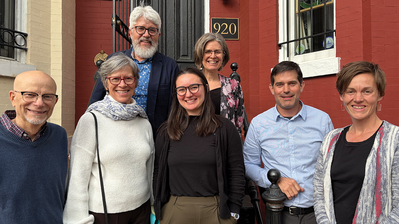 Climate advocates outside the Mennonite Central Committee office in Washington, D.C., April 10 after a day of visiting congressional offices. Back row: Doug Kaufman and Kirstin De Mello. Front row, from left: Steve Pardini, Ellen Miller, Rachel Mercroft, John Stoltzfus, Krista Showalter Ehst. — Margaret Schrag/MCC