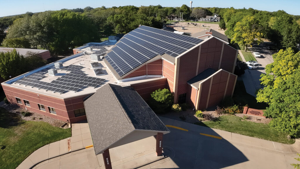 The 128 kW solar system installed in 2022 at Hesston Mennonite Church in Kansas has reduced the congregation’s energy expenses, allowing more money to be allocated to its outreach budget. — Hesston Mennonite Church