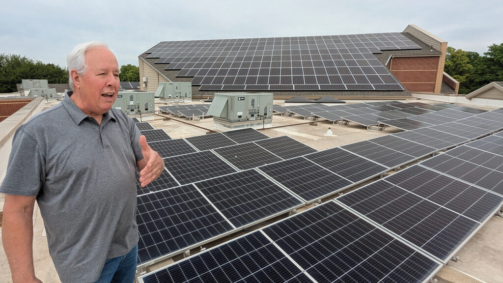 Hesston Mennonite Church treasurer Dave Wiebe says the energy cost savings from solar power helped the congregation pay off its mortgage, making the plan attractive to more members. — Tim Huber/AW