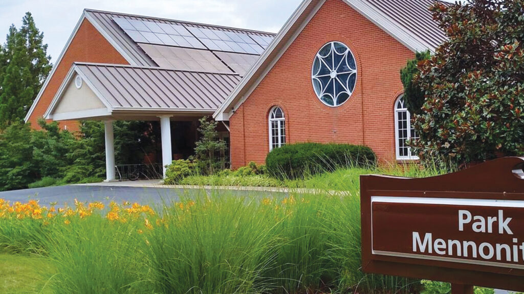 Solar panels at Park View Mennonite Church in Harrisonburg, Va. One of the congregation’s pastors, John Stoltzfus, spoke about his concern for those in other areas of the world experiencing the brunt of climate change. — Park View Mennonite Church