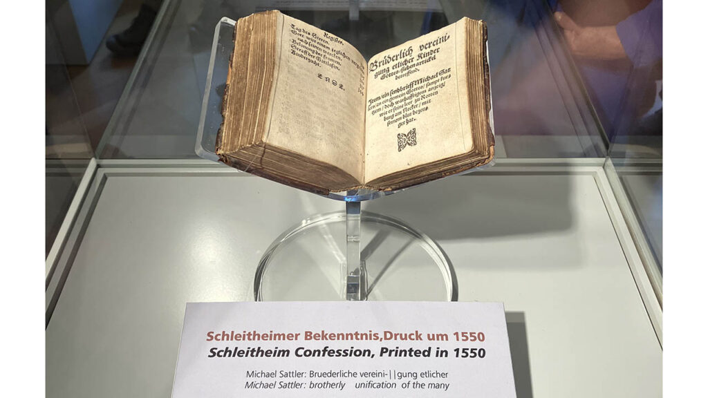 One of four surviving copies of the 1550 printing of the Schleitheim Confession (bound in a book with other documents), displayed at the Schleitheim museum in Switzerland. — Paul Schrag/AW