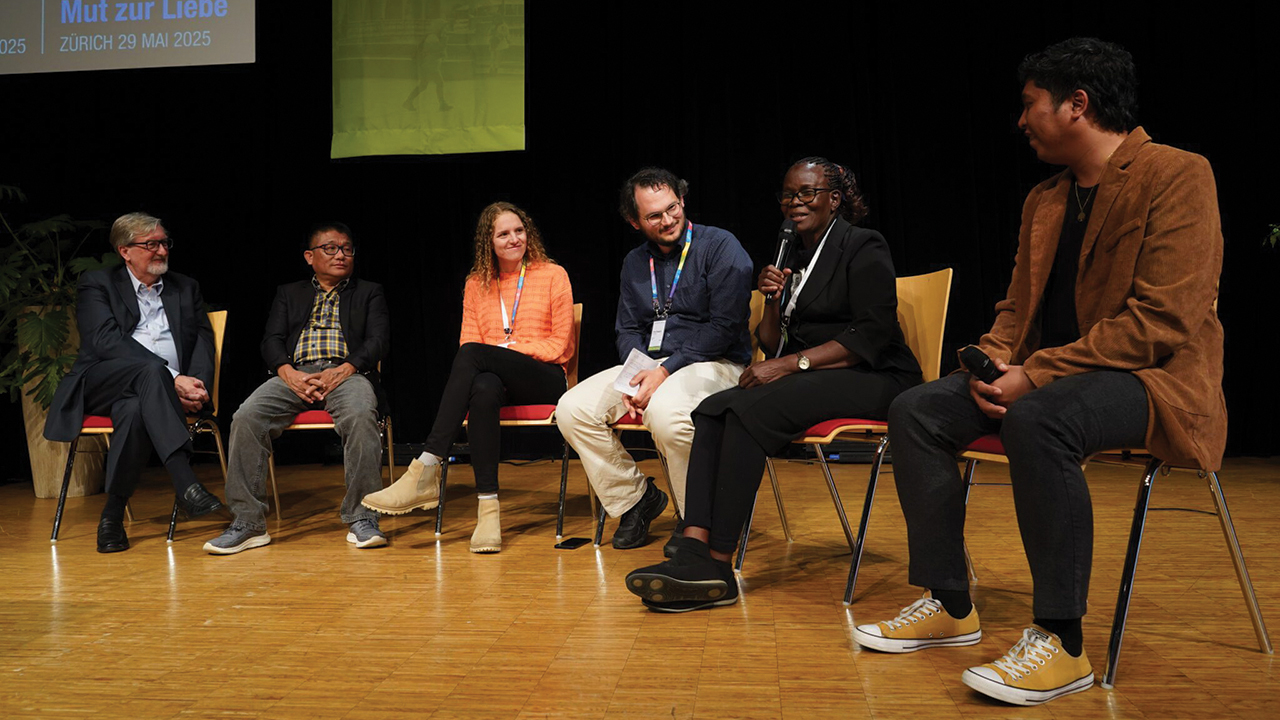Leaders from Mennonite World Conference’s past and present speak about its impact on their lives. From left are Larry Miller, Amos Chin, Valentina Kunze, Timo Doetsch, Rebecca Osiro and Ebenezer Mondez. — Irma Sulistyorini/MWC