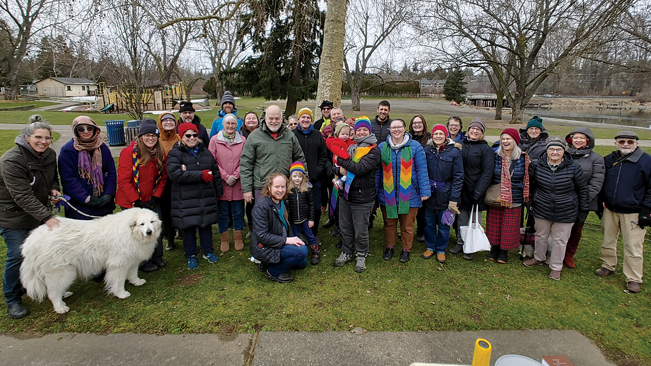 Community of Hope Mennonite Church celebrates the ordination of Pastor Rachael Weasley (in rainbow hat) on Feb. 15 in Bellingham, Wash. — Community of Hope