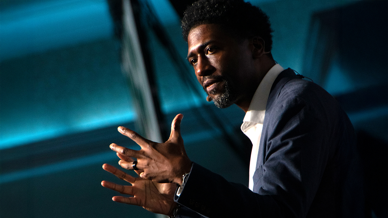 Lerone A. Martin, faculty director at the Martin Luther King Jr. Research and Education Institute at Stanford University, speaks at the Mennonite Church USA convention in Greensboro, N.C., on July 9. — Juan Moya/AW