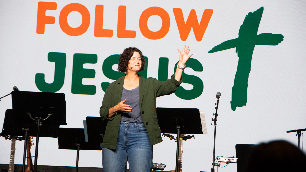 Rachel Ringenberg Miller, Mennonite Church USA denominational minister for ministerial leadership, speaks on opening night of the MC USA convention on July 8 in Greensboro, N.C. — Juan Moya/AW