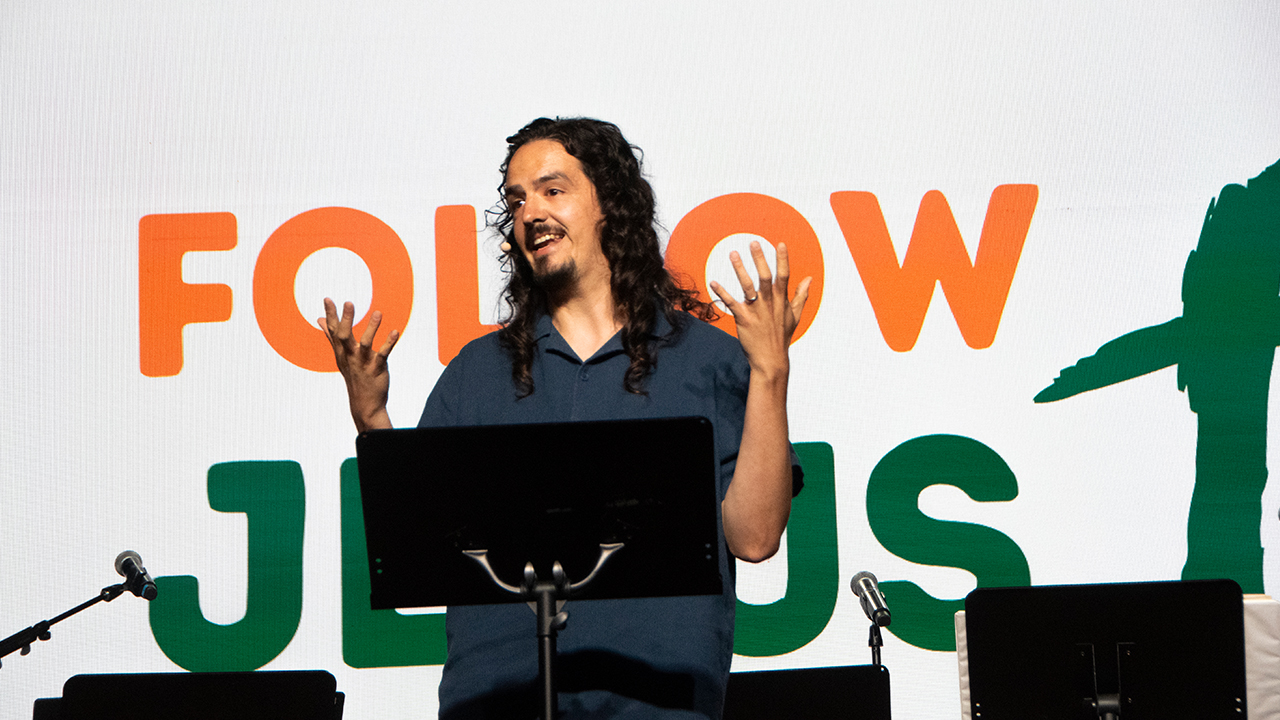 Frank speaks during the evening worship service July 11 at the Mennonite Church USA convention in Greensboro, N.C. — Juan Moya/AW