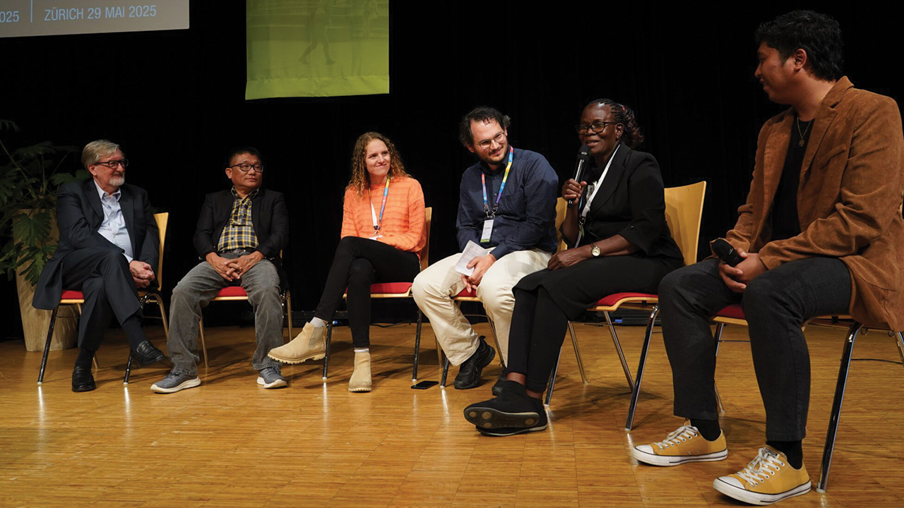 Leaders from Mennonite World Conference’s past and present speak about its impact on their lives. From left are Larry Miller, Amos Chin, Valentina Kunze, Timo Doetsch, Rebecca Osiro and Ebenezer Mondez. — Irma Sulistyorini/MWC
