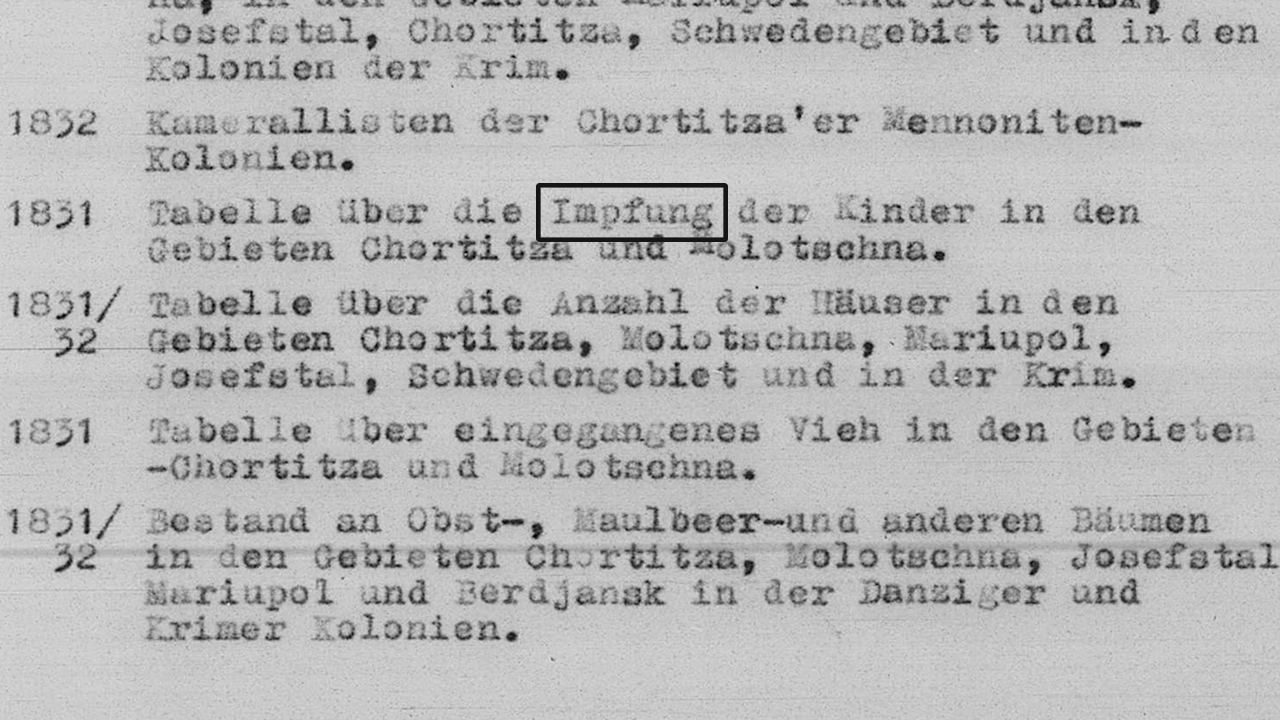 Records from 1831 in Chortitza and Molotschna colonies in what is now Ukraine record tables of children’s vaccinations (“Impfung” in German). — Records of the National Socialist German Labor Party, National Archives