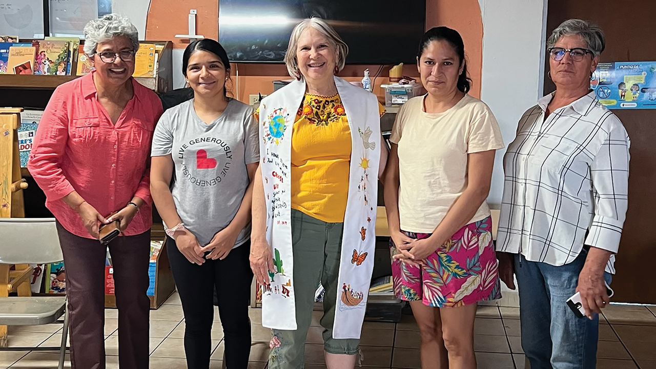 For her retirement from congregational ministry, Tina Schlabach commissioned a clergy stole from migrant women at La Casa de Misericordia (The House of Mercy) in Nogales, Mexico. The women who made the stole are, from left, Alma Angelica Macias Mejia, director of La Casa de Misericordia, designer; Graciela Salgado Reina, embroiderer; Schlabach; Berenice Pineda, embroiderer; and Maria Ester Torres Robles, seamstress. — Courtesy of Kristina Schlabach
