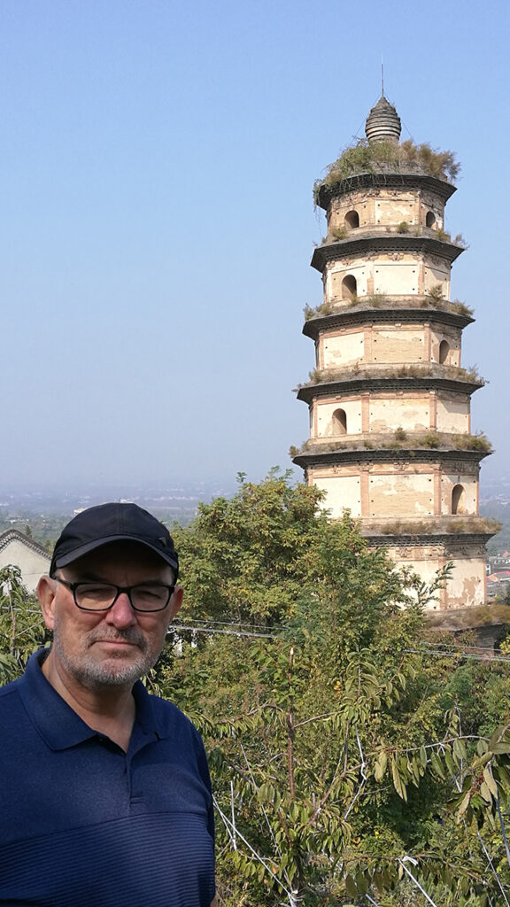 Myrrl Byler visits China’s earliest Christian pagoda, built in the 7th century CE, near Xi’an. — Courtesy of Myrrl Byler
