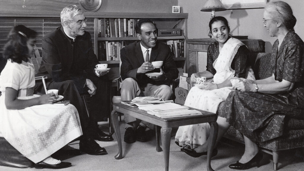 J.D. and Minnie Graber entertain Thomas Koshy, his wife (name unknown) and their daughter Chrissie, friends from India living in Elkhart, Ind., in 1963. — Mennonite Church USA Archives
