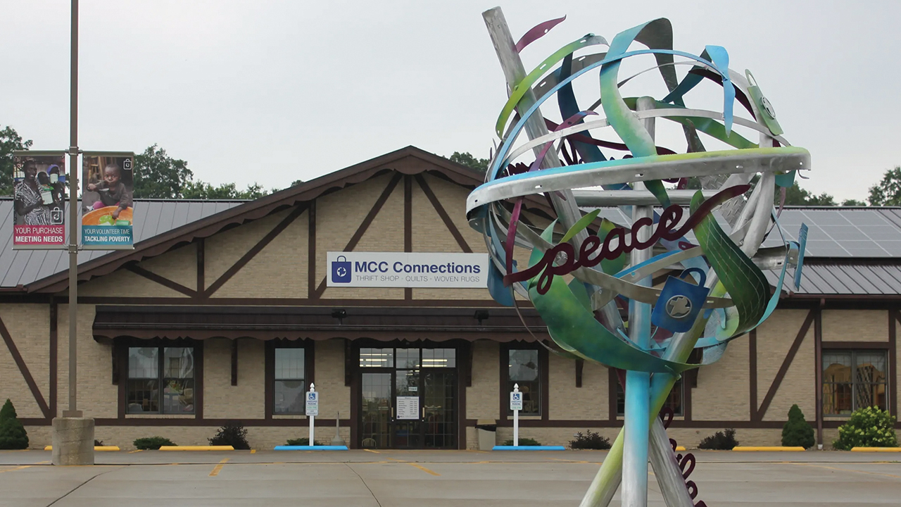 Artist Emma Zuercher's sculpture in front of the Mennonite Central Committee building in Kidron, Ohio. — Jennifer Steiner/MCC