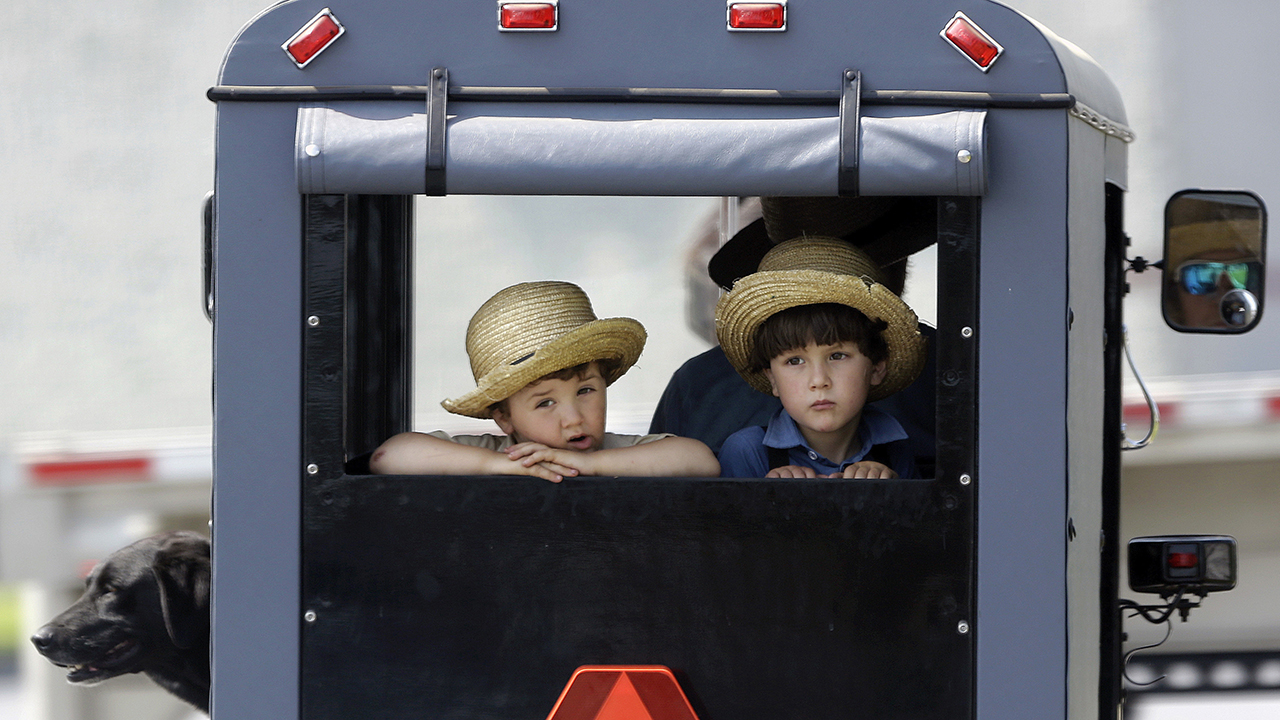 Two boys ride in the back of a horse-drawn buggy stopped at a traffic light near Gap, Pa., in Lan­cas­ter County in 2019. — Jacqueline Larma/AP