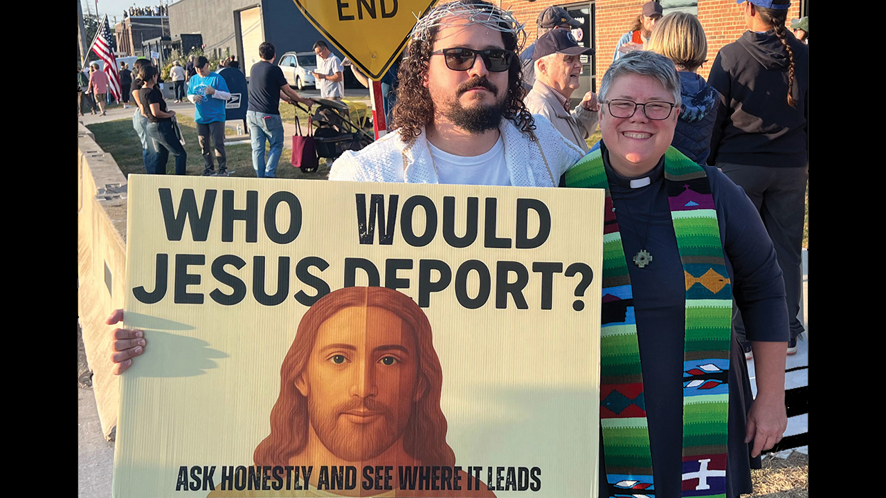 Ann-Louise Haak, right, pastor of Wellington United Church of Christ in Chicago, with a protester outside the ICE processing facility in Broadview, Ill., Oct. 3. — Kristin Loeks Jackson