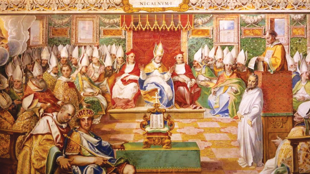 First Council of Nicaea, A.D. 325, fresco, c. 1600. At a historic conclave convened by Emperor Constantine in what is now Iznik, Turkey, bishops declared Jesus Christ was “of one substance” with God the Father. — Creative Commons