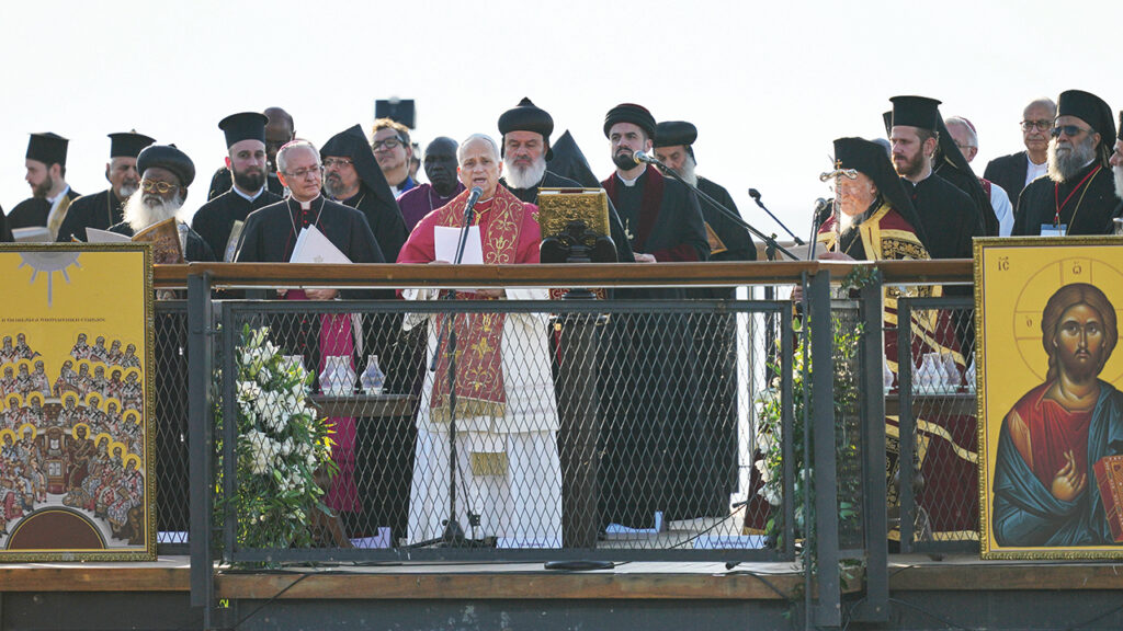 Pope Leo XIV and Ecumenical Patriarch Bartholomew I, spiritual leader of the world’s Eastern Orthodox Christians, lead a prayer service at archaeological excavations of the ancient Byzantine-era Christian Saint Neophytos Basilica in Iznik, Turkey, Nov. 28, marking the 1,700-year anniversary of the Council of Nicaea. — Khalil Hamra/AP