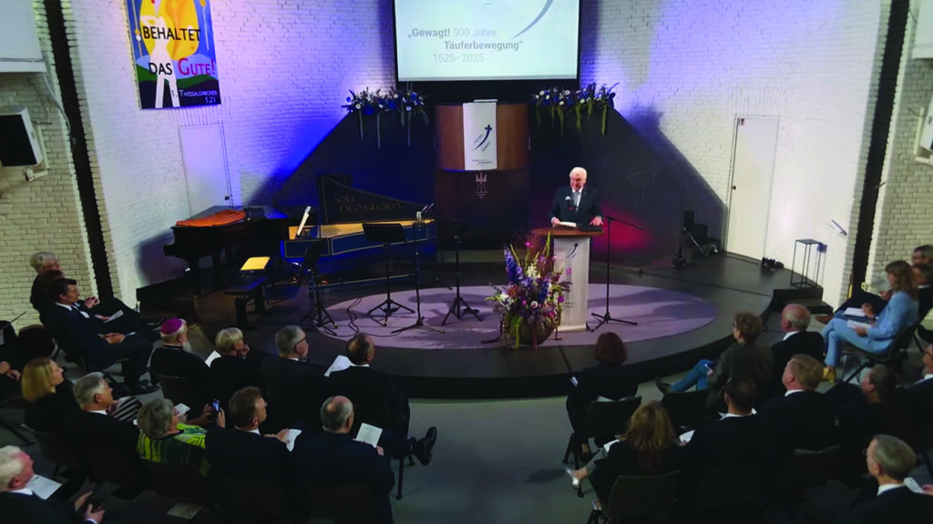 German President Frank-Walter Steinmeier addresses a gathering of Mennonites and Baptists in recognition of 500 years of Anabaptism on Sept. 21 at Baptist Christ Church in Hamburg-Altona. — Brigitte Schulz