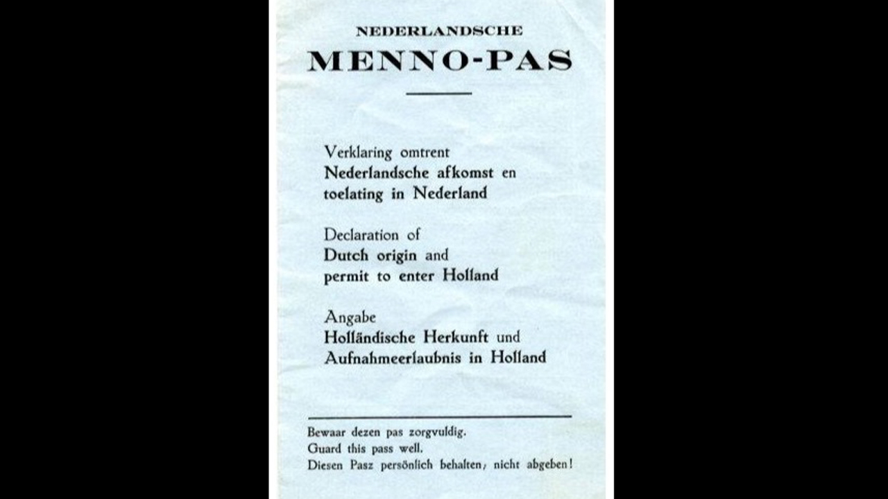 The “Menno-Pass” was an unofficial identity document created in 1945 by Dutch pastor T.O.M.H. Hylkema and Mennonite Central Committee to facilitate the entry of Mennonite refugees from the Soviet Union into the Netherlands. Inspired by the League of Nations’ Nansen passports, these documents were intended for refugees of “Dutch descent” to signal that the church would provide for their housing and care, relieving the state of any financial burden. Although the Menno-Pass was not an official government-issued document and lacked formal cabinet approval, it played a vital role in helping 437 refugees find safety and settlement during the post-war period. — Arnold Neufeldt-Fast