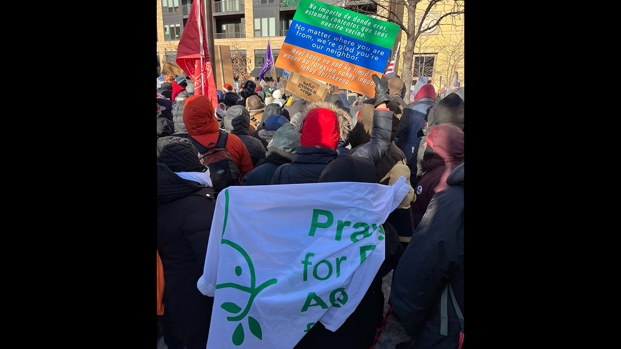 Demonstrators protest the presence of federal Immigration and Customs Enforcement agents in Minneapolis on Jan. 23. — Candace Lautt/Mennonite Action Minnesota