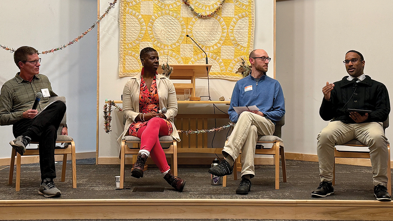 Panelists, from left, Karl Shelly, Nekeisha Alayna Alexis, Ben Bouwman and Drew G.I. Hart participate in a conversation on “Wisdom and Courage for Becoming Communities of Repair” on Nov. 15 at Assembly Mennonite Church in Goshen, Ind. — J Ron Byler