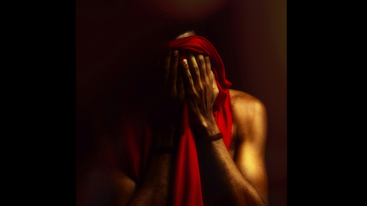 man holding red cloth over his face