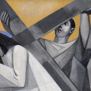 Simon of Cyrene carries the cross, Church of the Holy Trinity, Gemunden am Main, Germany. — Shutterstock