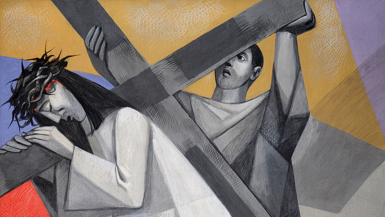 Simon of Cyrene carries the cross, Church of the Holy Trinity, Gemunden am Main, Germany. — Shutterstock