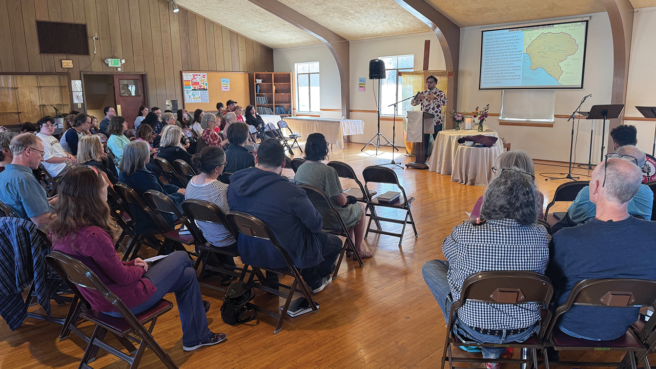 Pasadena Mennonite Church gathers Feb. 8 for worship. The building is owned by Conexion, a Church of the Brethren congregation, which lost its parsonage to the fire. — David Gist