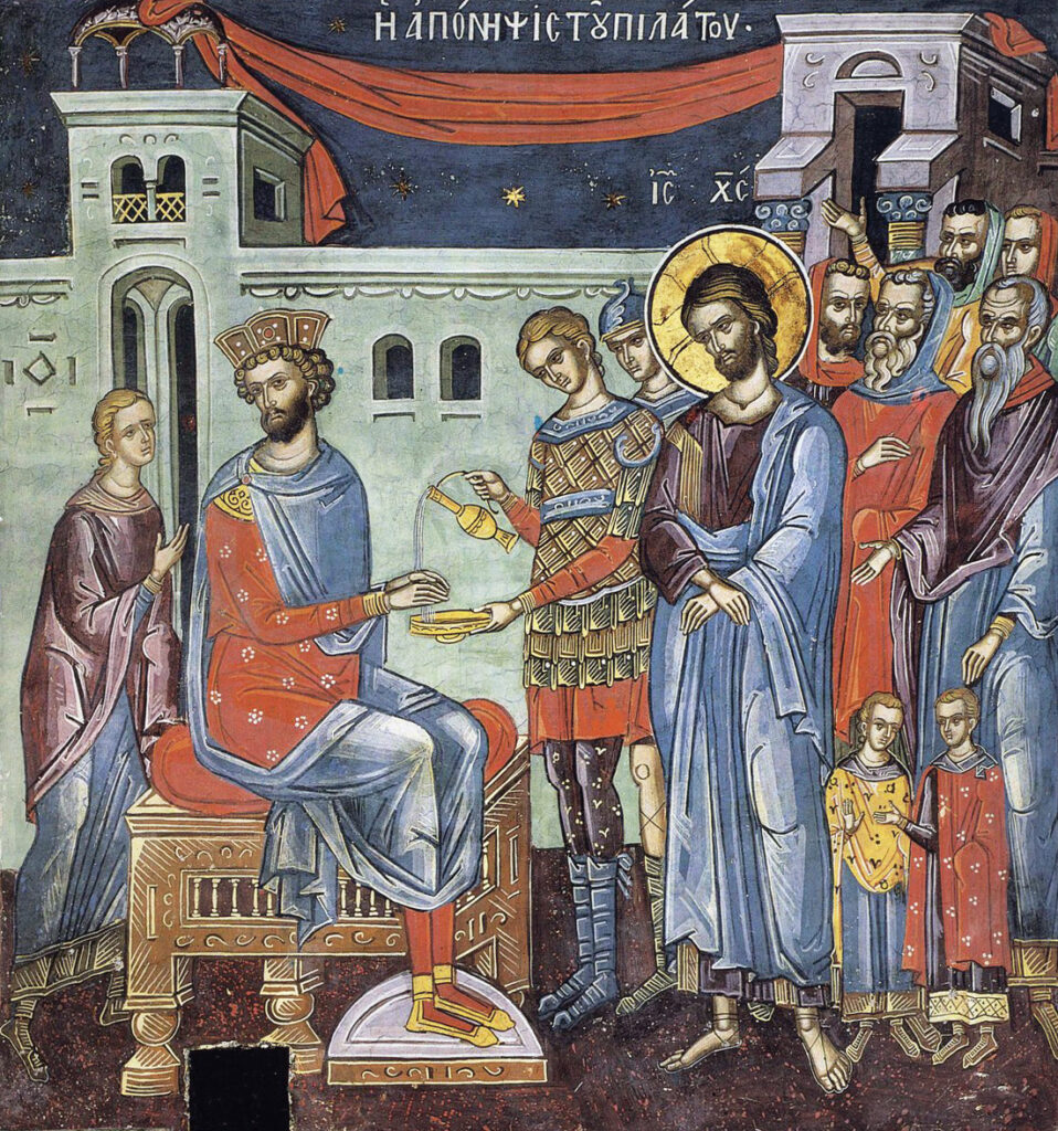 Pilate’s wife tells of her dream as her husband, the Roman governor of Judea, washes his hands to claim innocence of Jesus’ death. Mentioned only in Matthew 27:19, Pilate’s wife is given the name Claudia Procula in other ancient writings. She is venerated as a saint by the Eastern Orthodox Church. This artwork is a 16th-century fresco in the Dionysiou Monastery, Mount Athos, Greece. — Public domain