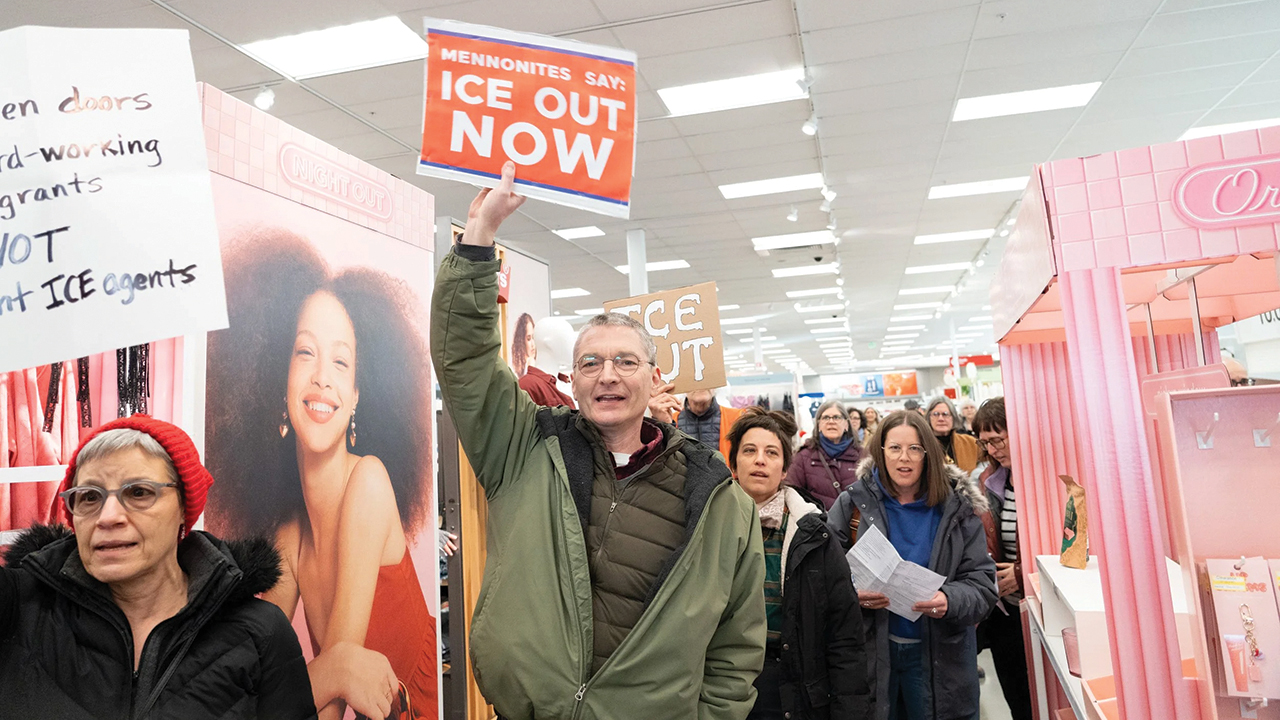 More than 100 people gathered for a hymn sing action at a Target store Feb. 8 in Lancaster, Pa. — Mennonite Action