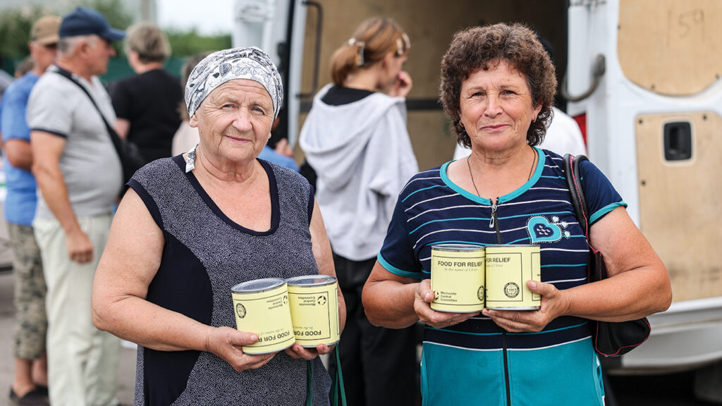 Charitable Foundation Uman Help Center, an MCC partner, distributed MCC humanitarian relief items, including canned meat, to residents of a de-occupied village in the Kherson region of Ukraine. In this village, 80% of the population is elderly. — Uman Help Center
