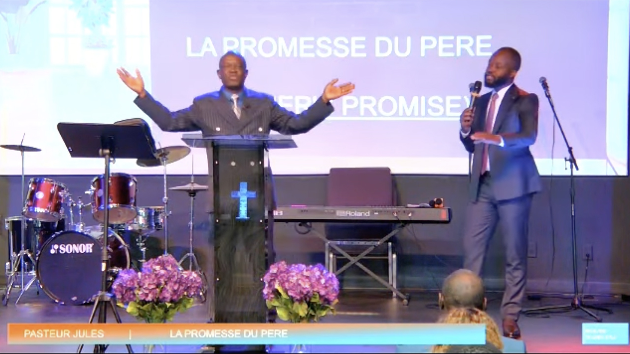 Jules Mukaba, left, preaches in 2023 at Restoration Church in West Chester, Ohio. — Restoration Church TV/YouTube