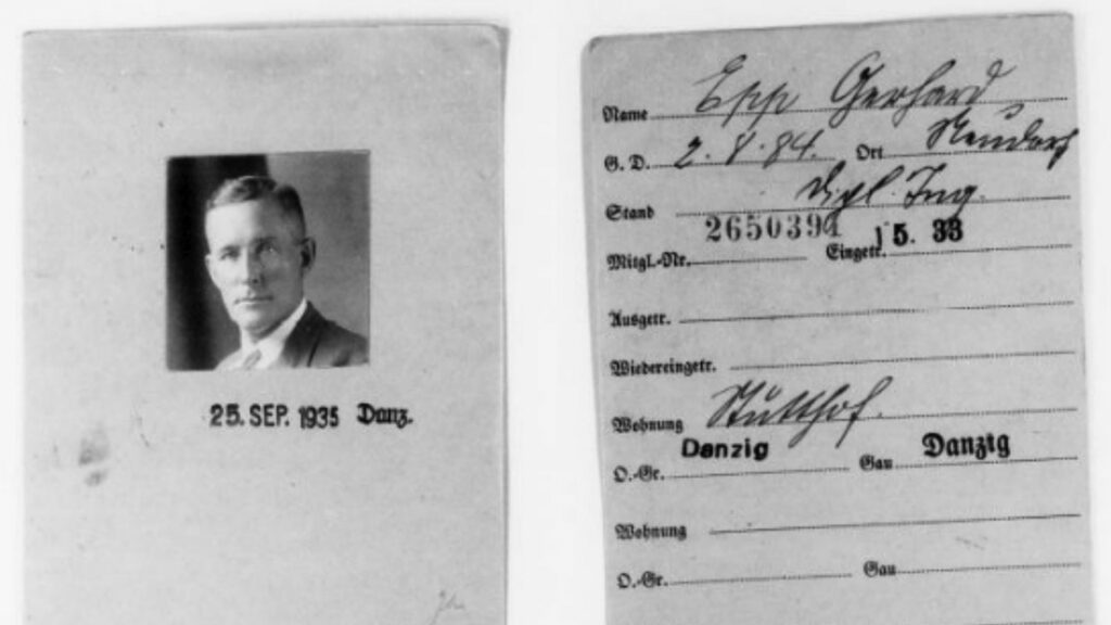 Gerhard Epp’s National Socialist German Workers’ Party membership file from 1938. His company built most of the buildings at the Stutthof concentration camp and then leased hundreds of Jews and other laborers from that camp, where some guards were Mennonites, to produce munitions for war. The business is known today as Epp & Wiebe GmbH and works in heating and air conditioning. — U.S. National Archives