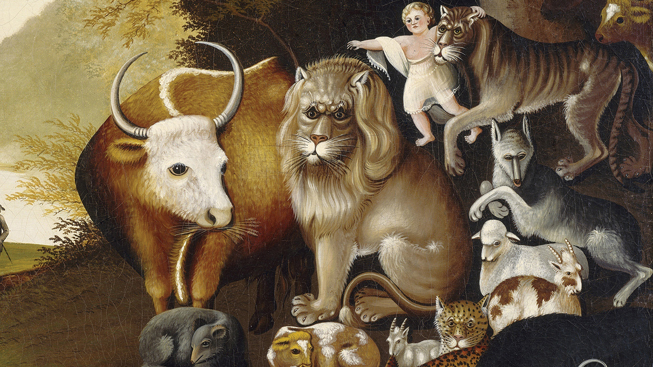 "Peaceable Kingdom," by Edward Hicks, c. 1834. Hicks painted 62 versions of this work, featuring animals, predator and prey, at peace and eating straw. — Public domain