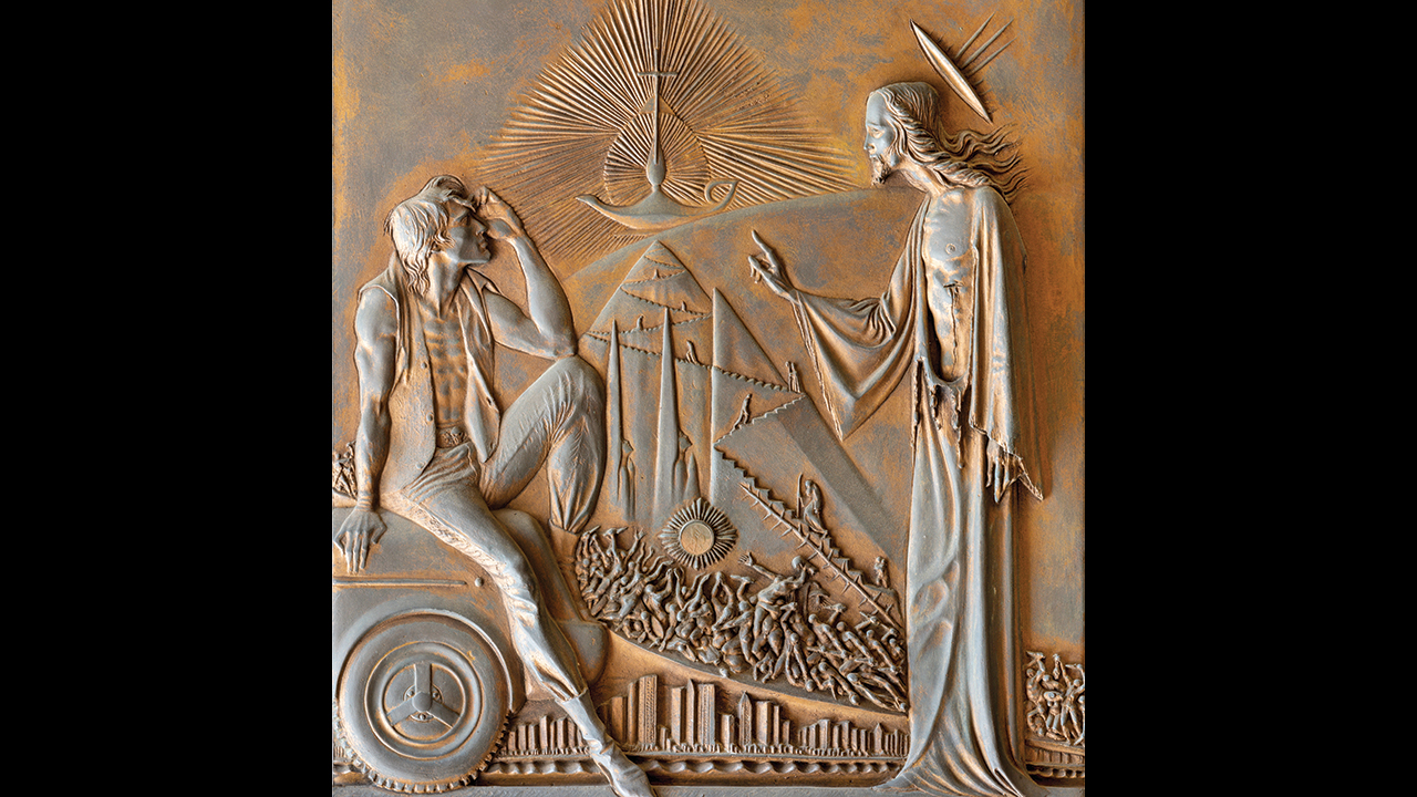Christ and the Rich Young Ruler, metal relief by Ahtos Renzo Brioschi (20th century) on the gate of the church Chiesa di Santi Quattro Evangelisti, Milan, Italy. — Renata Sedmakova/Shutterstock